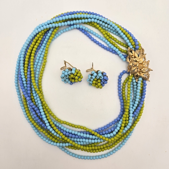 Judith McCann Necklace Earring Set Glass Beaded Fancy Clasp Multi Strand - Picture 2 of 5